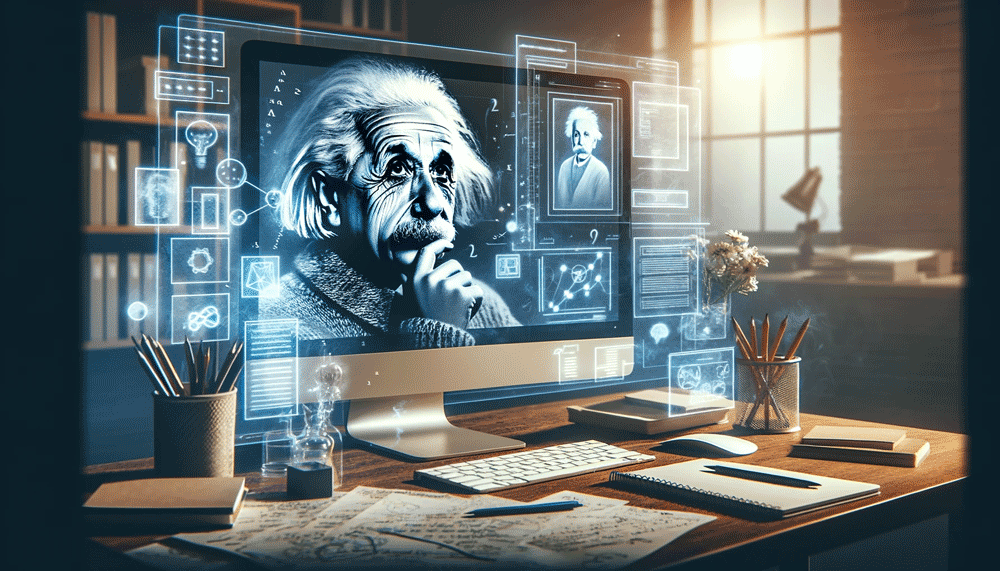 ux quotes, image of albert einstein inside the screen of imac computer.
