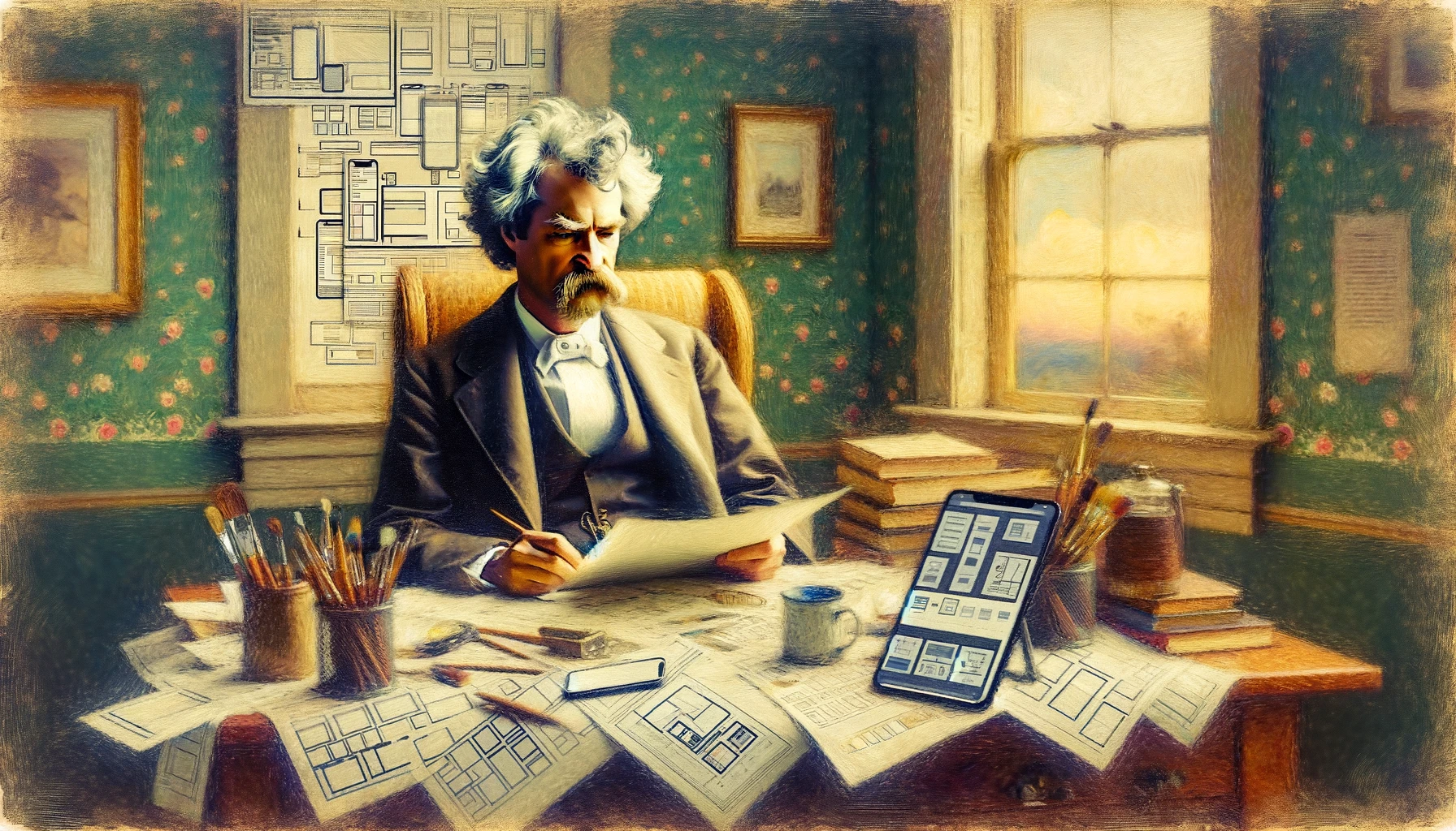 A painting in the impressionist style, depicting Mark Twain seated at a desk with UX design elements like wireframes, user interface sketches