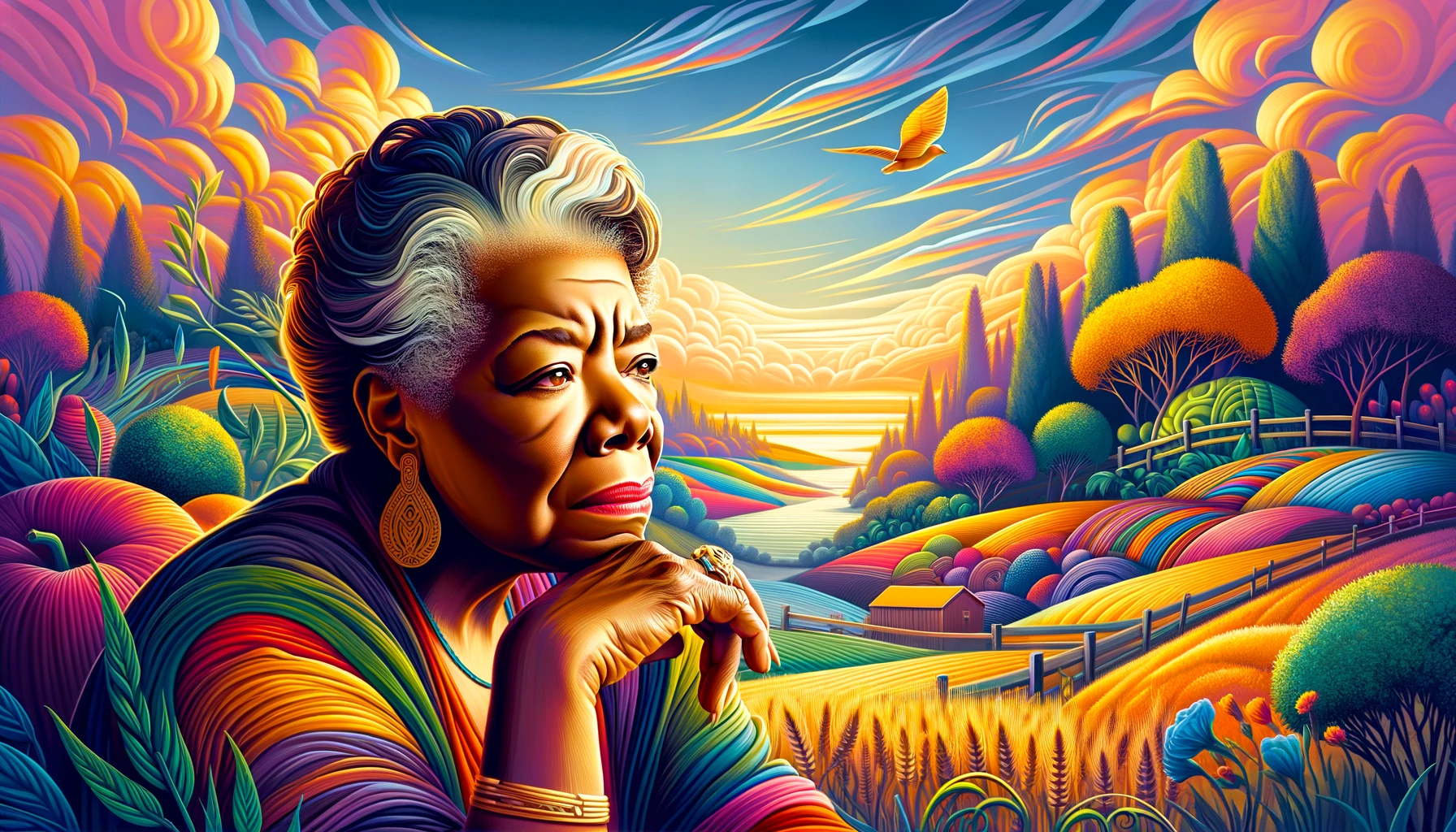 Colorful and artistic image featuring Maya Angelou The image portrays her in a thoughtful and wise manner