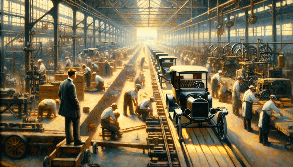 Henry Ford. An impressionist style landscape painting of an early 20th century factory assembly line, featuring the production of the Ford Model-T