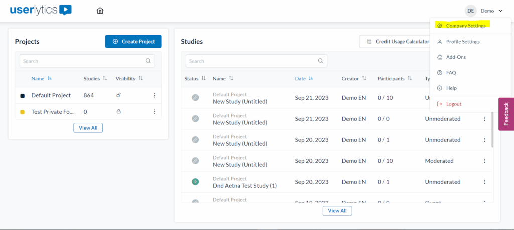 Userlytics - Company Profile Settings
