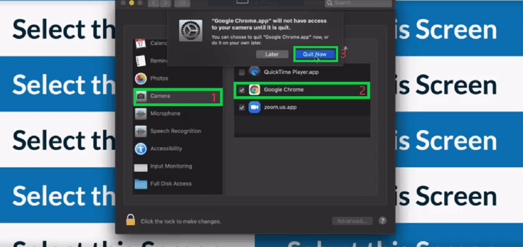 Select Camera from the left-hand side > Enable/Re-enable Google Chrome