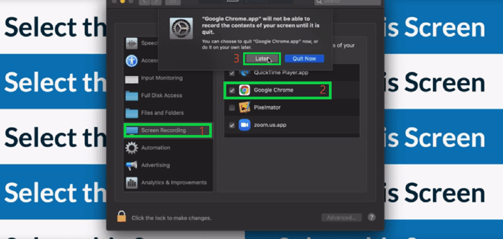 Select Screen Recording from the left-hand side > Enable/Re-enable Google Chrome