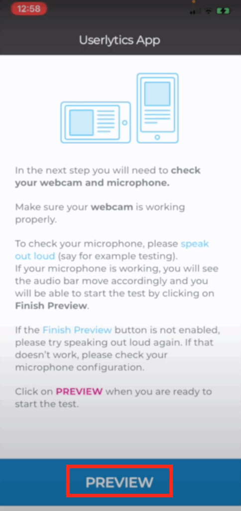 Launch a Userlytics Test on iOS - Begin Test Preview