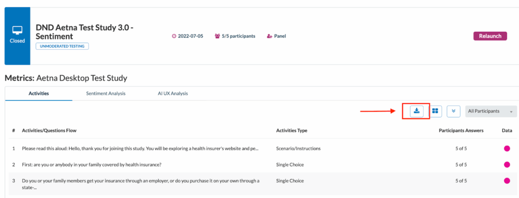Userlytics - visualize and analyze activity metrics - Download the study metrics