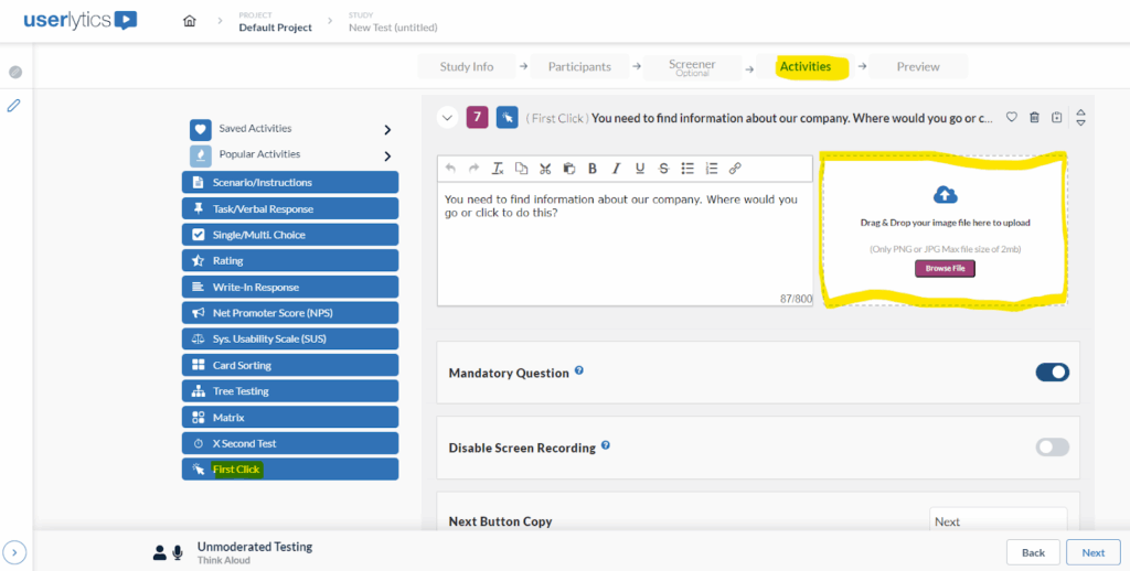 Userlytics A/B Testing - Activities
