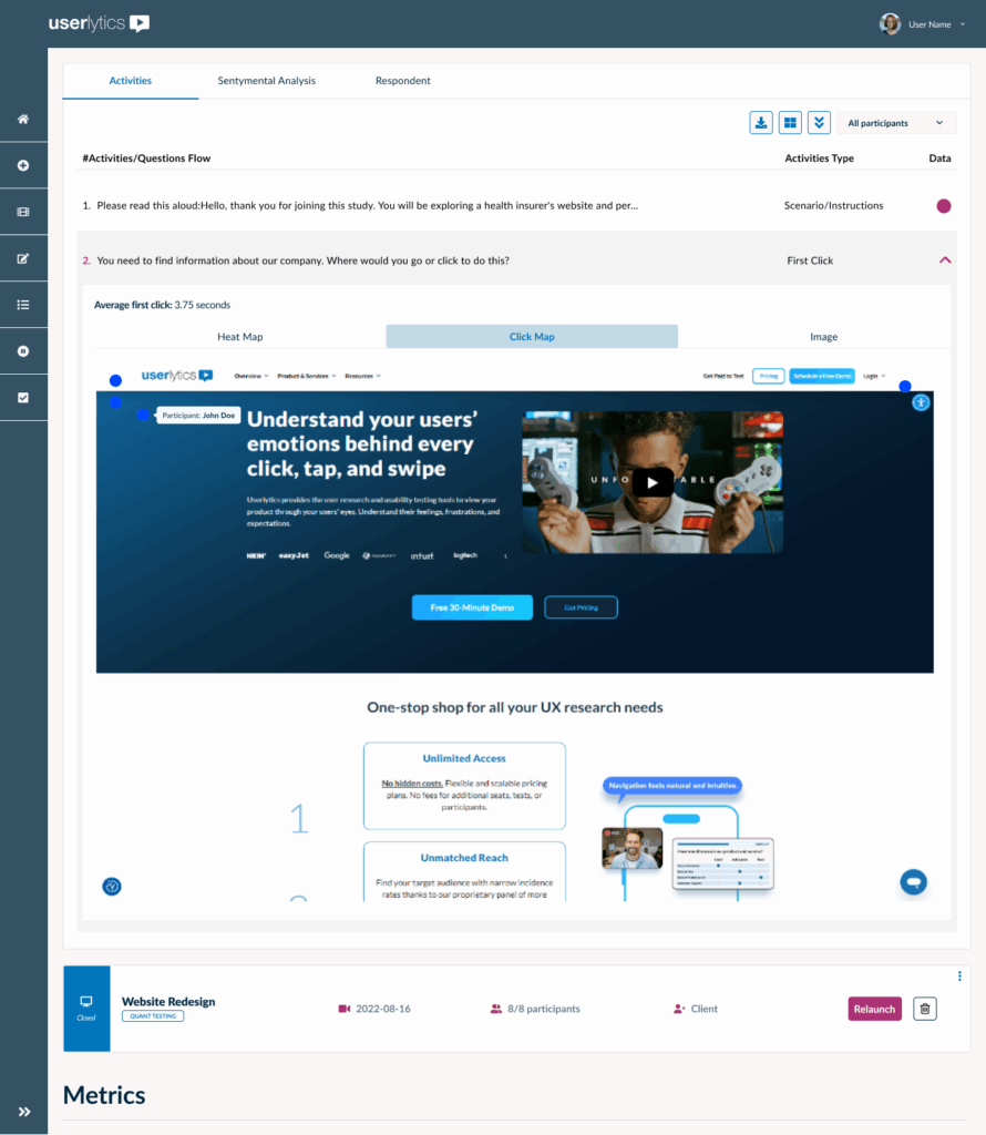 Userlytics First Click Testing - Metrics and Analysis