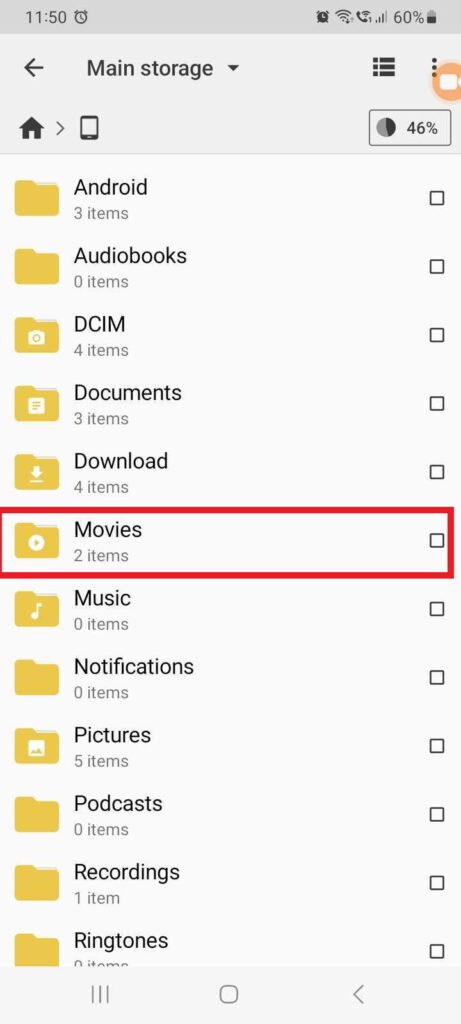 Recover files in Android - Locate the recording file in the Movies folder.