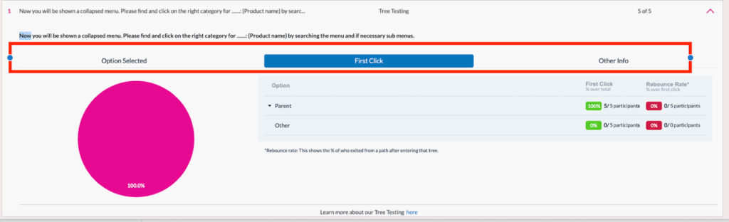 Userlytics Tree Testing - Option Selected, First Click, Other Info