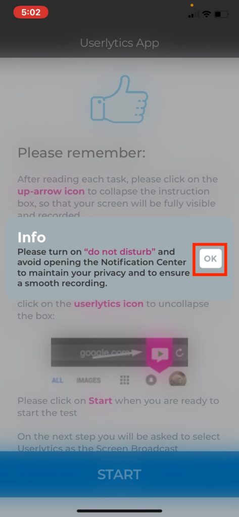 Launch a Userlytics Test on iOS - Press OK