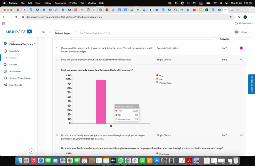 Userlytics - visualize and analyze activity metrics - single choice question chart