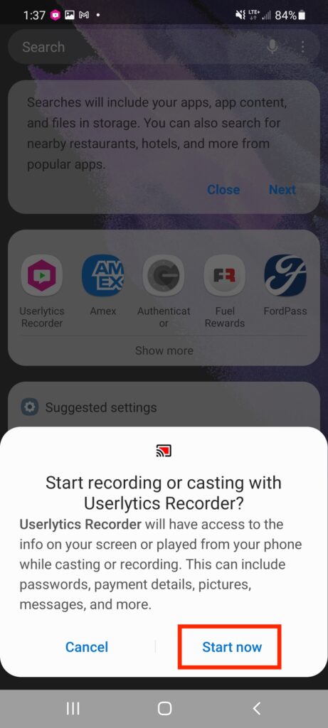 Launch a Userlytics Test on Android - choose "start now" option