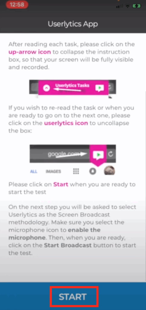 Launch a Userlytics Test on iOS - Start Test