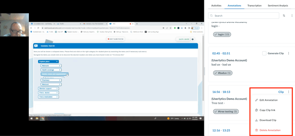 Userlytics - How to Create and Share Test Annotations - edit, copy clip link, download clip, or delete annotation