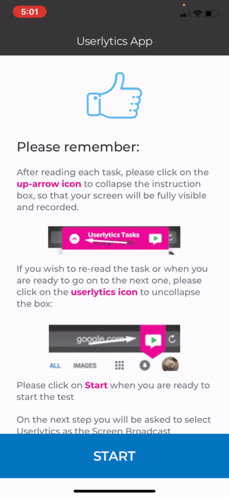 Launch a Userlytics Test on iOS - Press Start