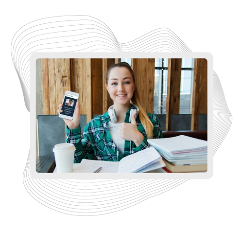 woman holding a mobile phone with one hand, thumb up with another hand.