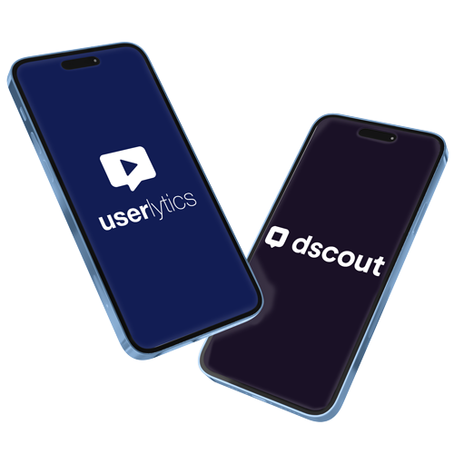 Two smartphones displayed side by side, one showing the Userlytics logo on a dark blue screen and the other showing the Dscout logo on a dark background.