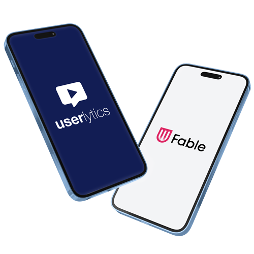 Two smartphones displayed side by side, one showing the Userlytics logo on a dark blue screen and the other showing the Fable logo on a light background.