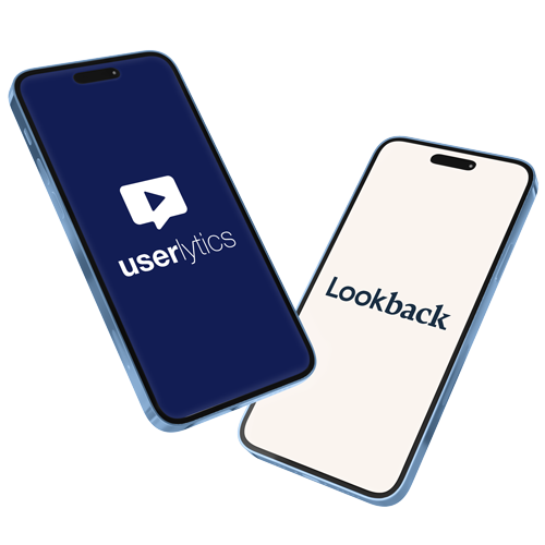 Two smartphones displayed side by side, one showing the Userlytics logo on a dark blue screen and the other showing the Lookback logo on a light background.