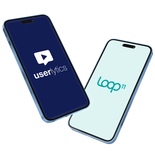 Two smartphones displayed side by side, one showing the Userlytics logo on a dark blue screen and the other showing the Loop 11 logo on a light background.