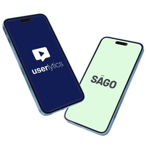 Two smartphones displayed side by side, one showing the Userlytics logo on a dark blue screen and the other showing the Sago logo on a light green background.