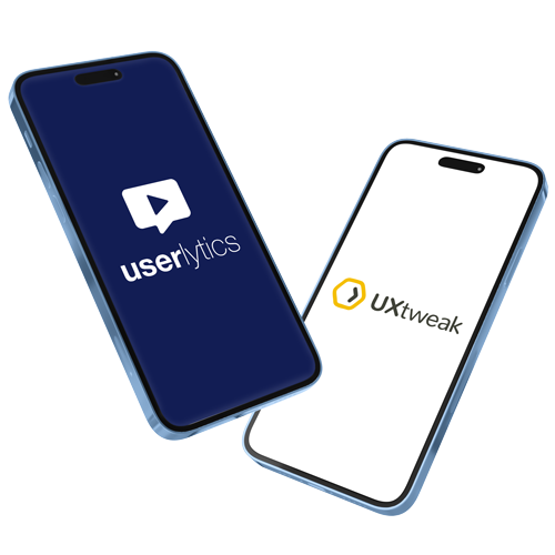 Two smartphones displayed side by side, one showing the Userlytics logo on a dark blue screen and the other showing the UXtweak logo on a light background.