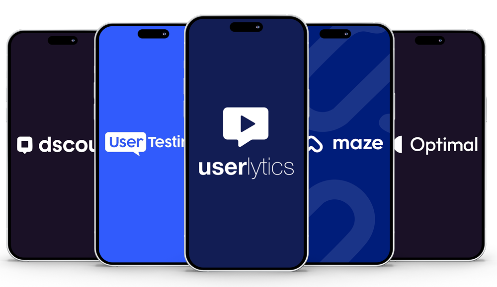 Logos of leading UX research platforms including dscout, UserTesting, Userlytics, Maze, and Optimal Workshop displayed on smartphone screens.”