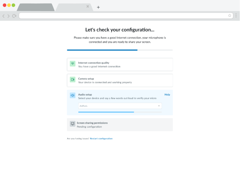 Userlytics study pre test configuration screen - Audio setup