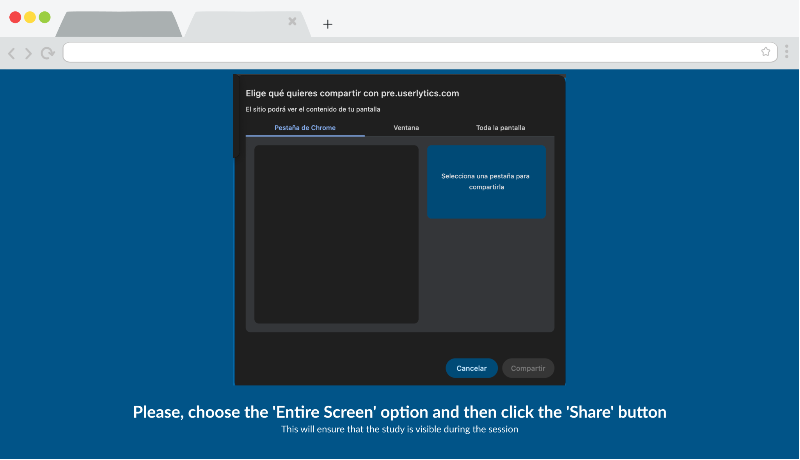 Userlytics study pre test configuration screen - screen sharing.