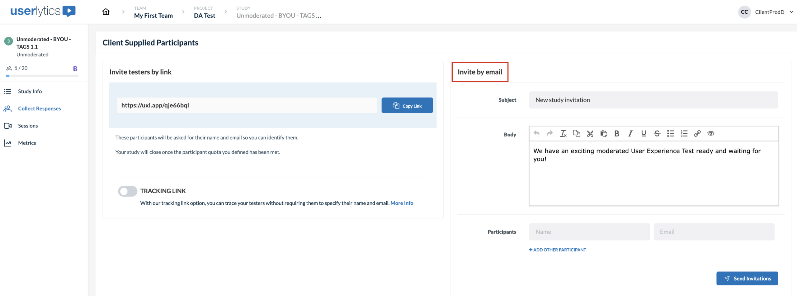 Userlytics Client Supplied Participants page with the Invite by email section highlighted for sending study invitations