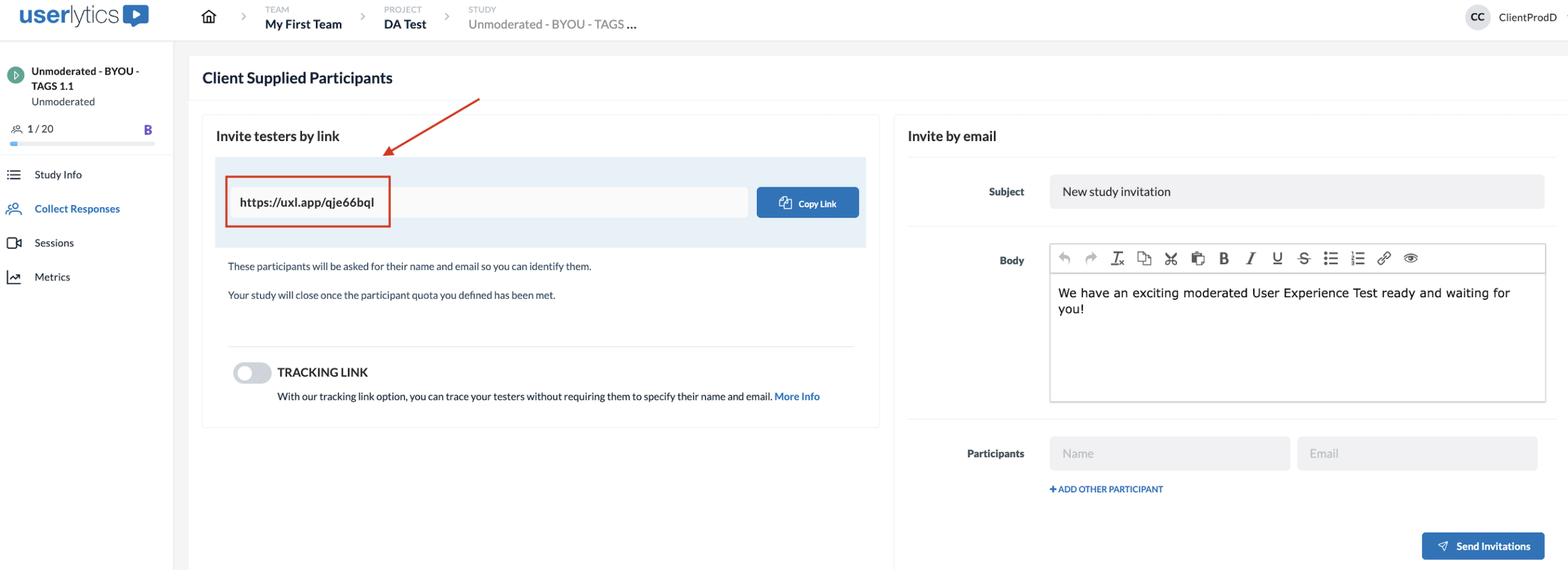 Userlytics Client Supplied Participants page highlighting the invite testers by link field, with the study URL shown for sharing with participants.