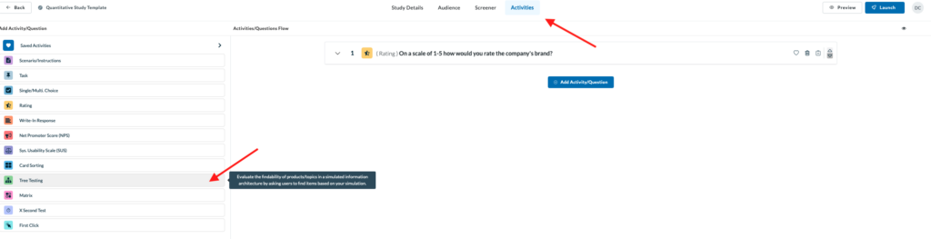 Userlytics study dashboard pointing to "Activities" the to "Tree Testing".