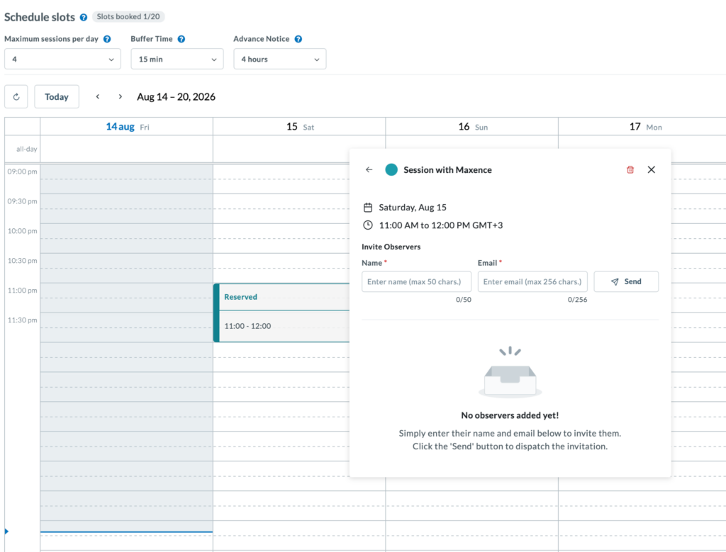 Schedule calendar with time slots and the add observer option open.
