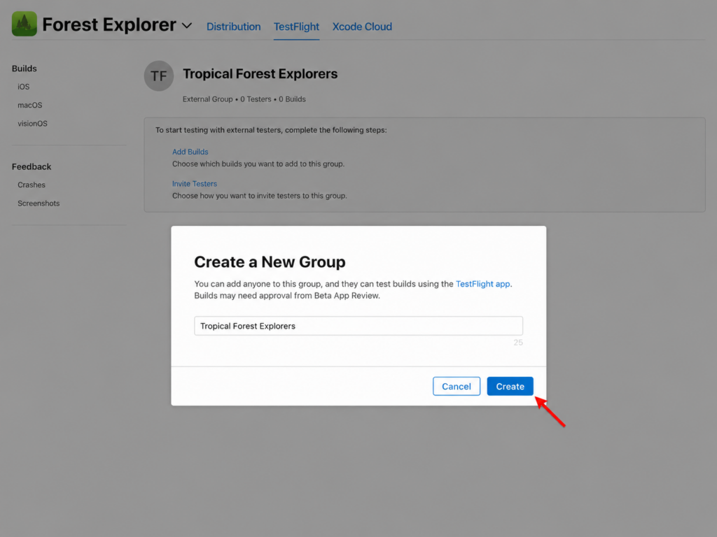 App Store Connect dialog for creating a new TestFlight group, with an arrow pointing to the Create button.
