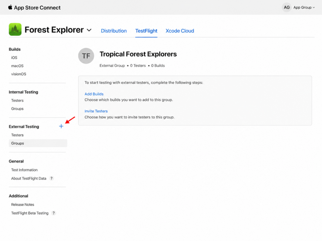 App Store Connect TestFlight screen showing the External Testing Groups section, with an arrow pointing to the plus button.