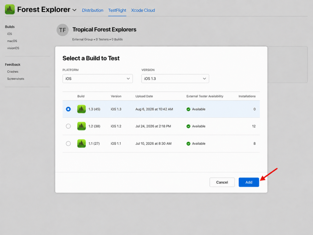 App Store Connect TestFlight window showing available app builds, with an arrow pointing to the Add button.