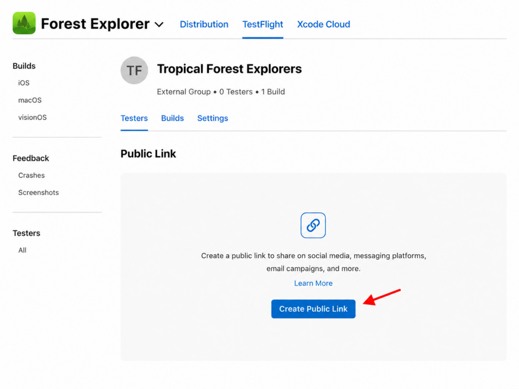 App Store Connect TestFlight screen showing the option to create a public testing link, highlighted by a red arrow.