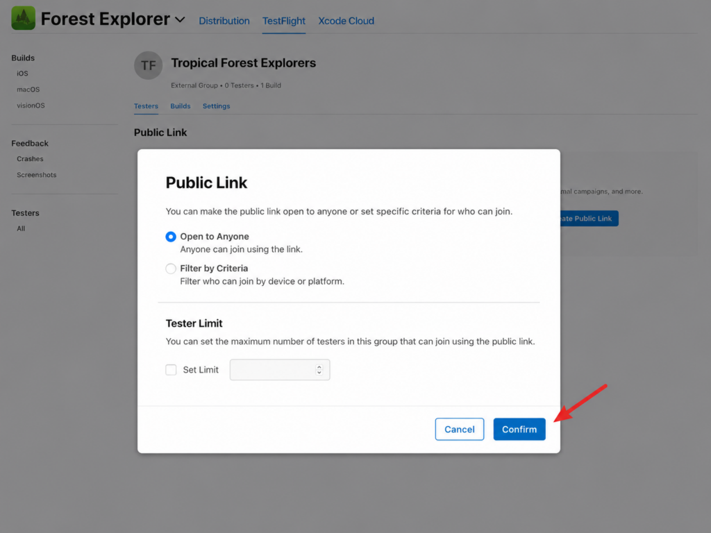 App Store Connect Public Link settings window, with an arrow pointing to the Confirm button.