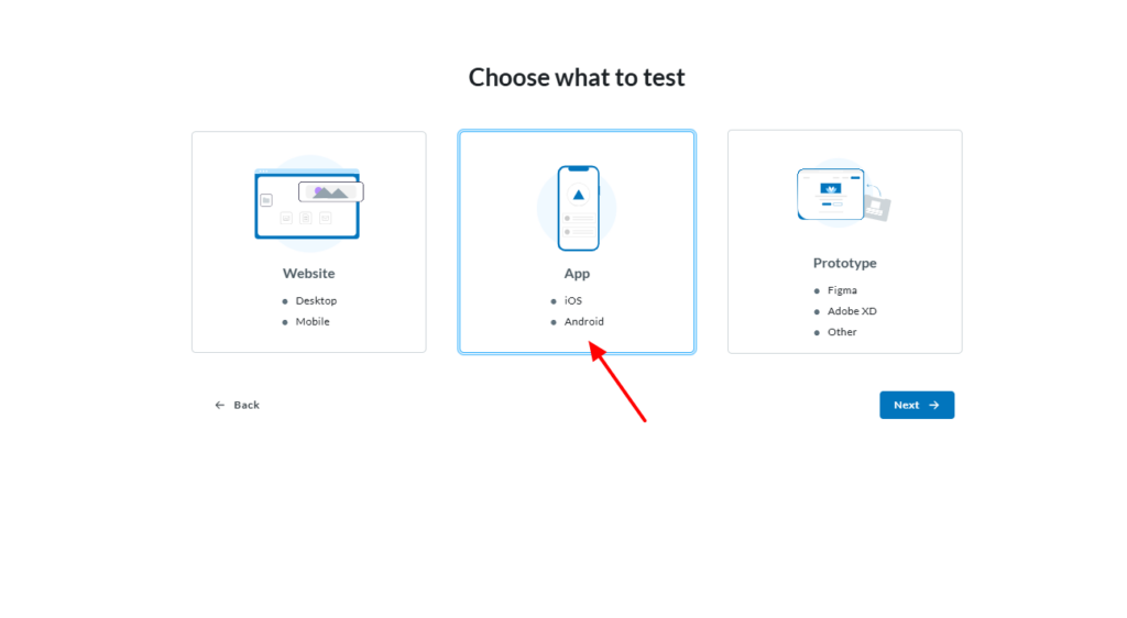 Userlytics “Choose what to test” screen with the App option selected for iOS or Android testing.