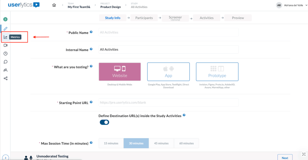Screenshot of the Userlytics platform showing the Study Info setup page. A red box and arrow highlight the Metrics option in the left-hand navigation menu, indicating where users can access the Metrics section.