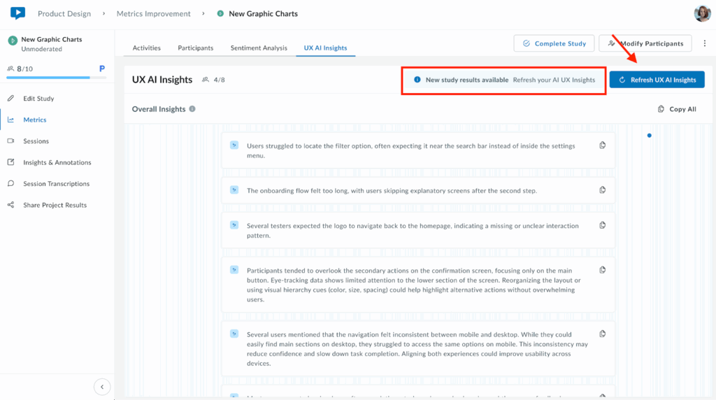 Userlytics UX AI Insights dashboard showing a banner at the top with a blue button labeled “Refresh UX AI Insights” and a message reading “New study results available – Refresh your AI UX Insights.” Below, several AI-generated insights are listed, highlighting user feedback about navigation, onboarding flow, logo behavior, and visual hierarchy improvements.