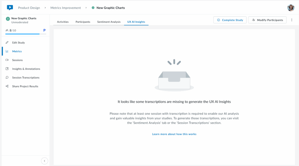 Userlytics UX AI Insights dashboard showing an empty state message. The page displays a gray inbox-style illustration with text stating, “It looks like some transcriptions are missing to generate the UX AI Insights.” Below, there’s an explanation that at least one session with a transcription is required to enable AI analysis and generate insights, followed by a link labeled “Learn more about how this works.”