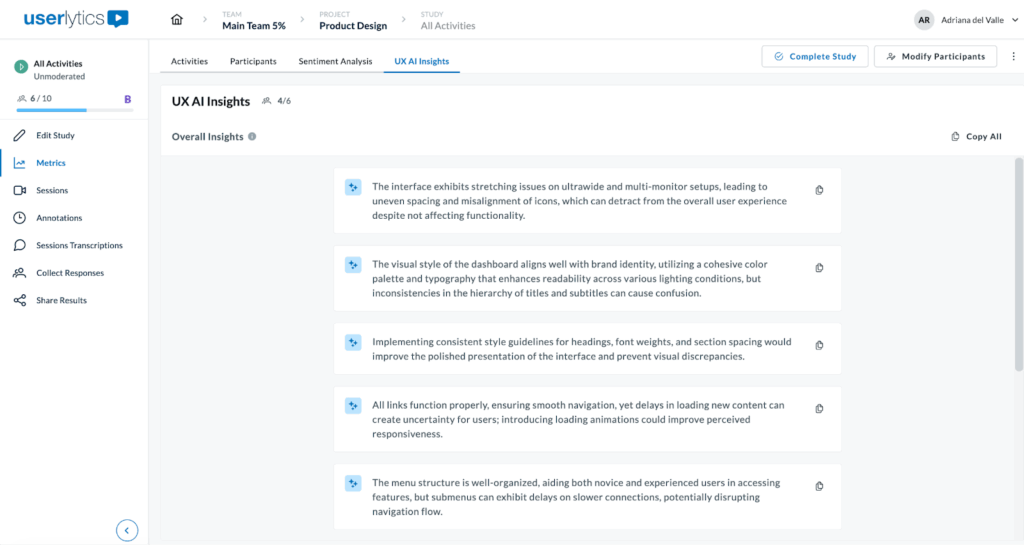 Screenshot of the Userlytics platform showing the “UX AI Insights” tab with automatically generated usability insights, including comments on interface layout, visual style, consistency, navigation, and menu performance.