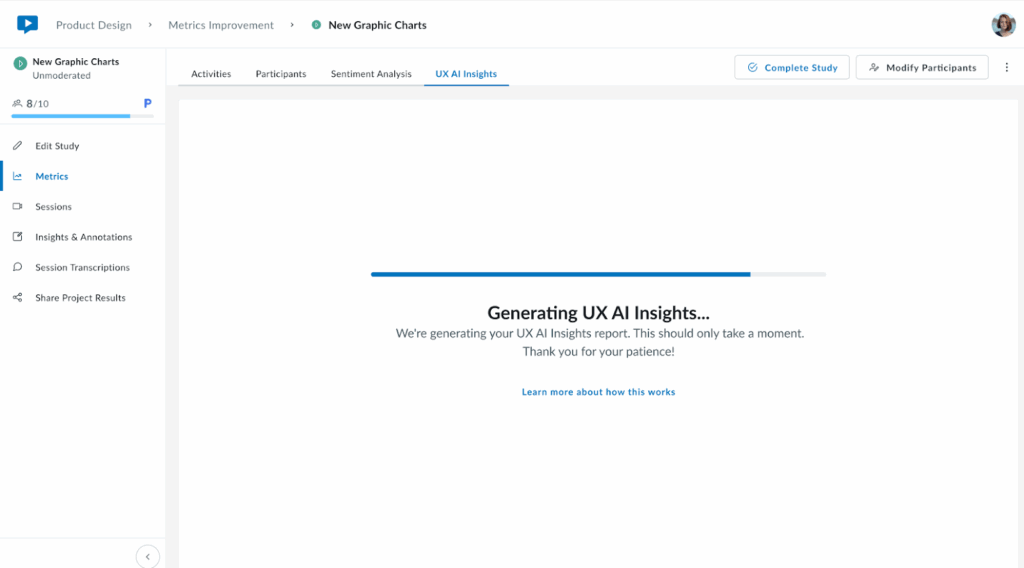 UX AI Insights page showing a loading screen with a progress bar and the message “Generating UX AI Insights... We’re generating your UX AI Insights report. This should only take a moment. Thank you for your patience!”