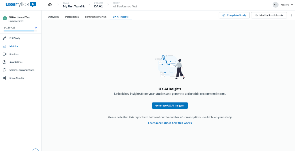 Screenshot of the Userlytics “UX AI Insights” page displaying an introductory screen with an illustration of a person analyzing data. The page invites users to generate UX AI Insights by clicking a blue “Generate UX AI Insights” button, explaining that insights are based on available transcriptions from the study.