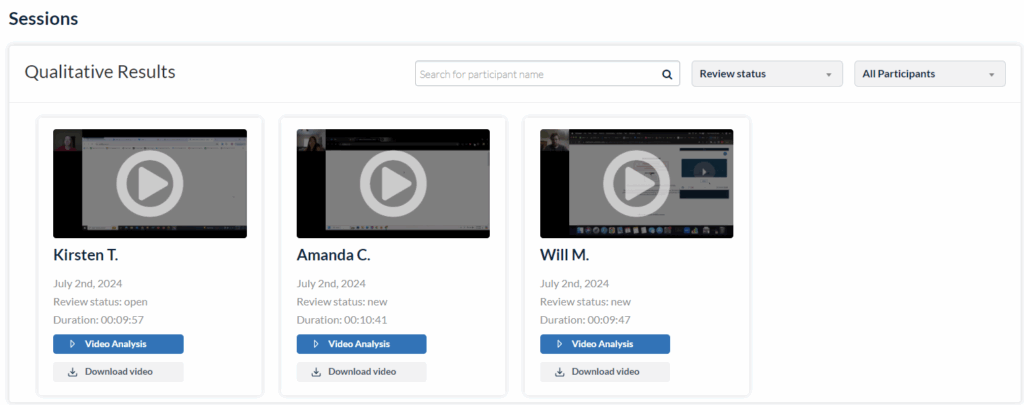 Userlytics “Sessions” page displaying three participant video cards—Kirsten T., Amanda C., and Will M.—each showing a video thumbnail, review status, session date, duration, and buttons for “Video Analysis” and “Download video.”