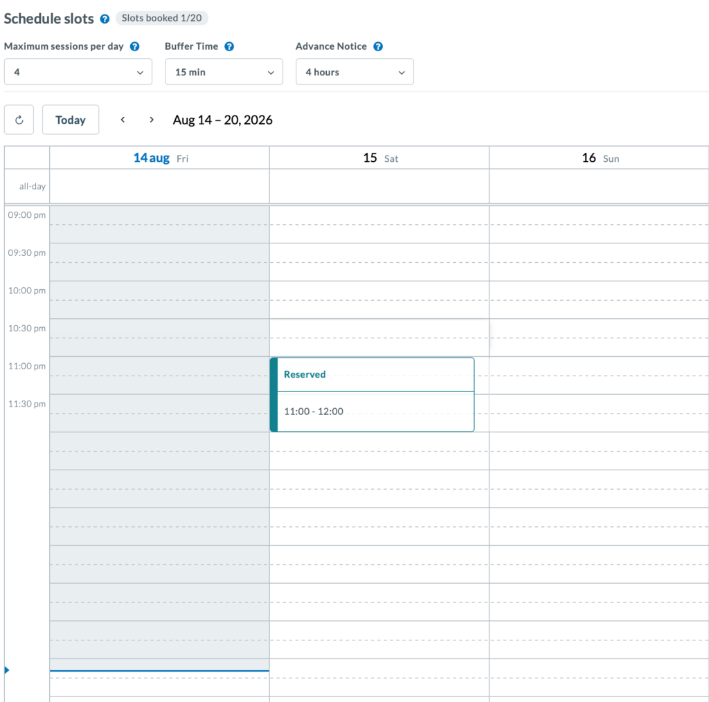 Schedule calendar with time slots and a reserved time slot