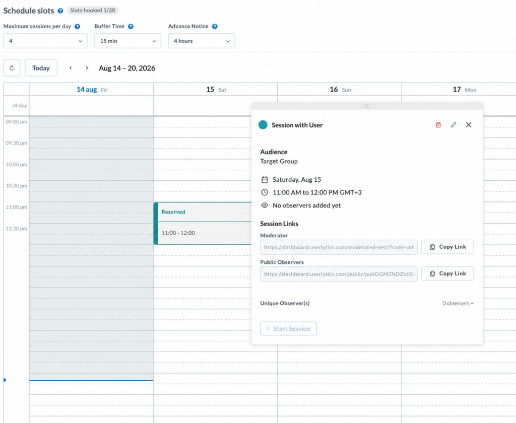 Schedule calendar with time slots and a reserved time slot with the edit option open.