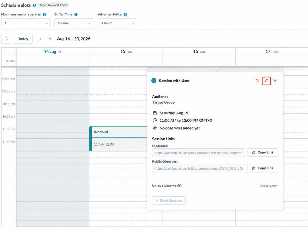 Schedule calendar with time slots and a reserved time slot with the edit option marked in red.