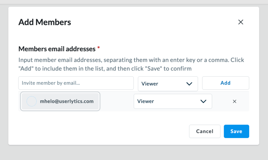 Add Members pop-up showing a pending new member added to the list, with role selection and Save button.